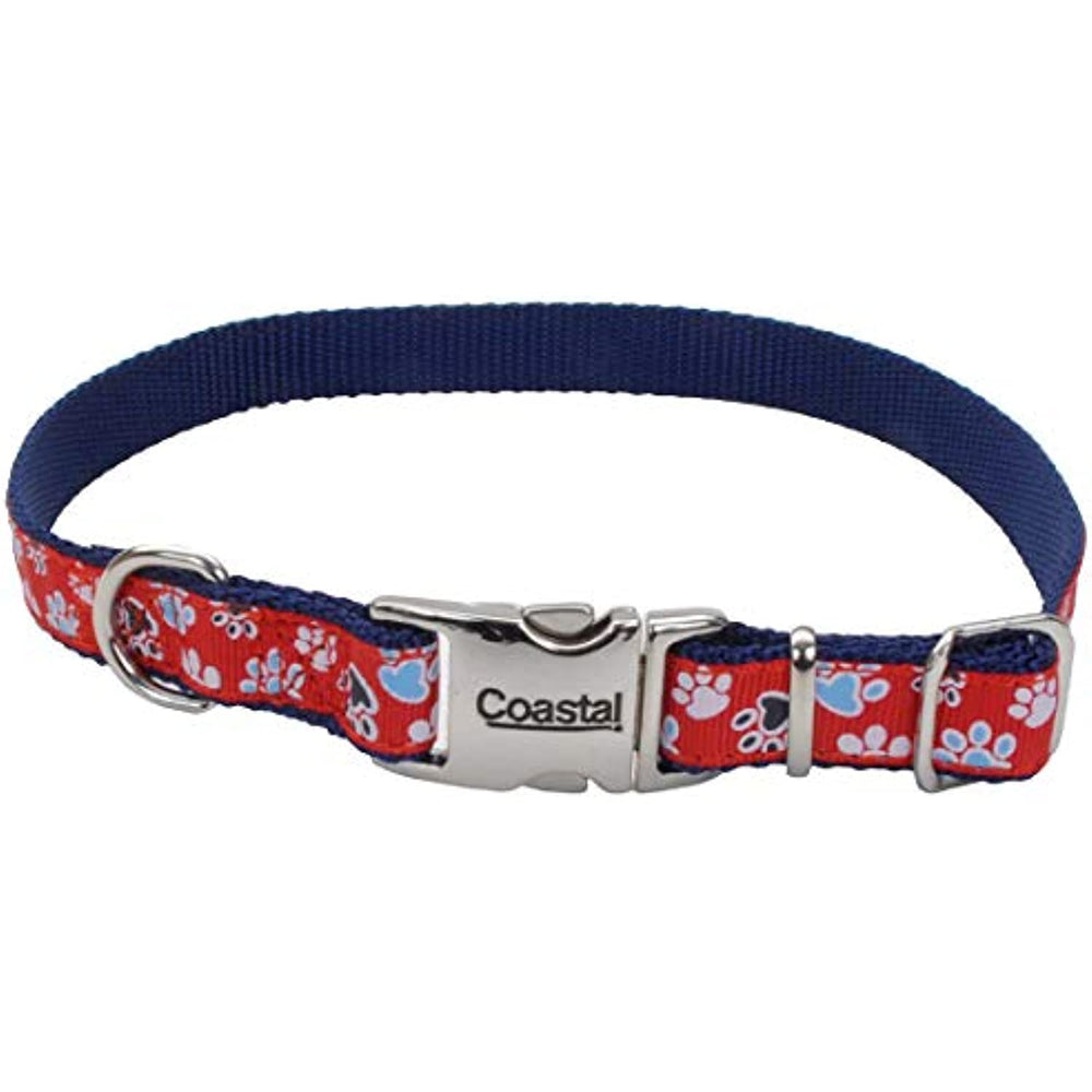 Coastal - Ribbon - Adjustable Dog Collar with Metal Buckle, Red with Paws, 5/8